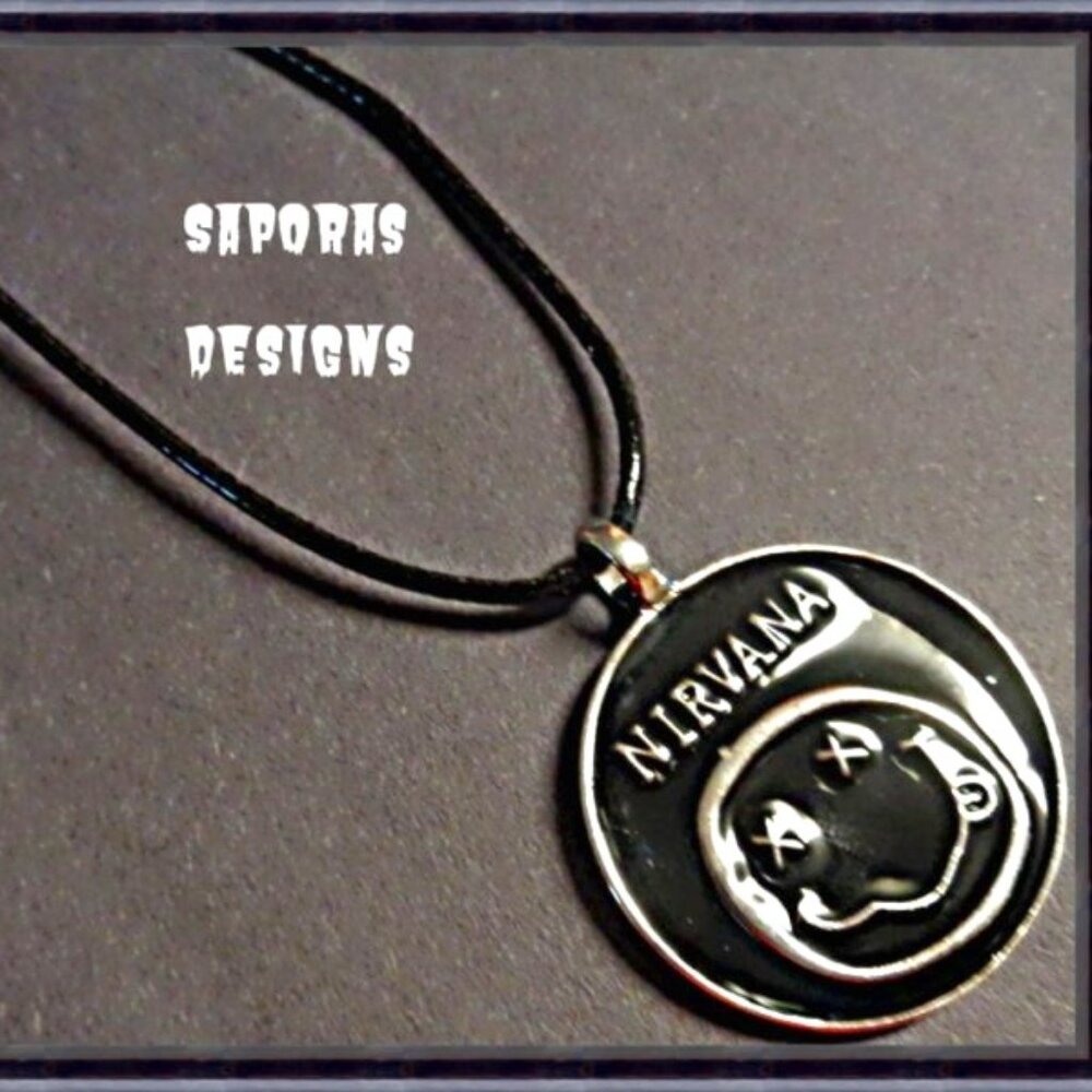 Silver Tone & Black Nirvana Theme Necklace With Black Rope Chain Unisex